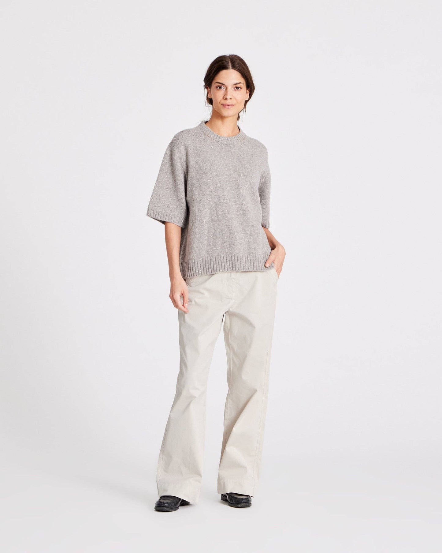 Oversized Lambswool Short Sleeve Sweater | Grey Melange