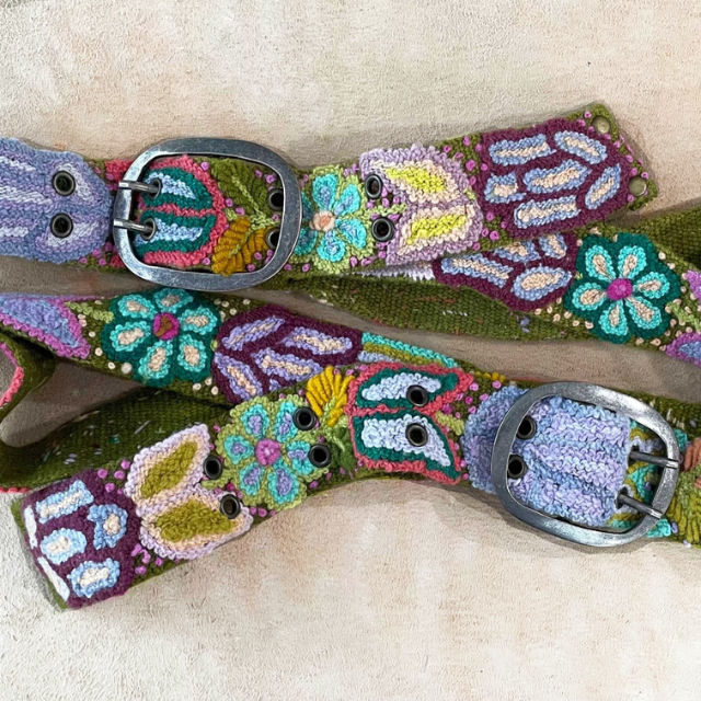 Hand Embroidered Fair Trade Wool Belt | Olive Floral