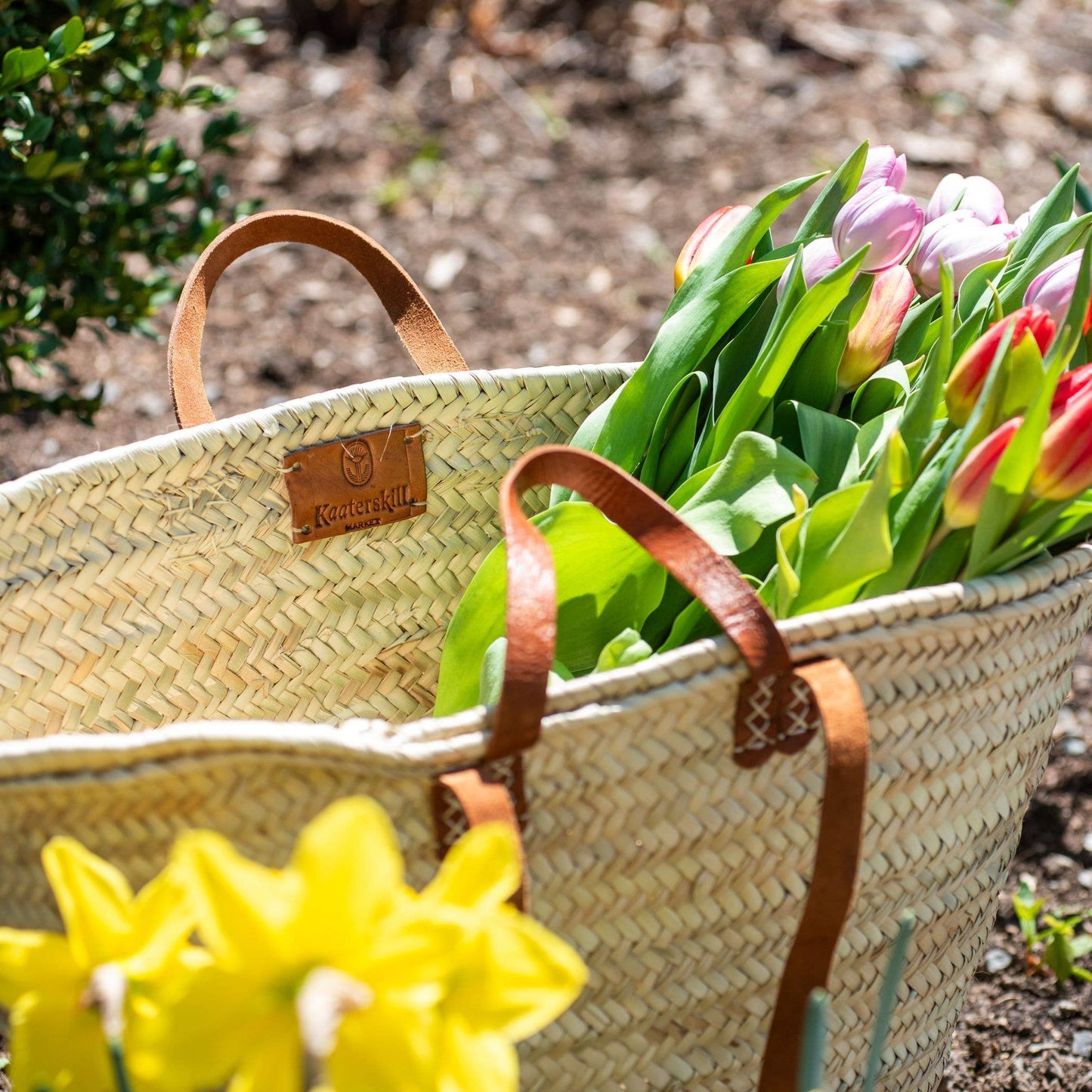 Parisian Hand Woven Market Tote Basket with Leather Handle + Shoulder Straps