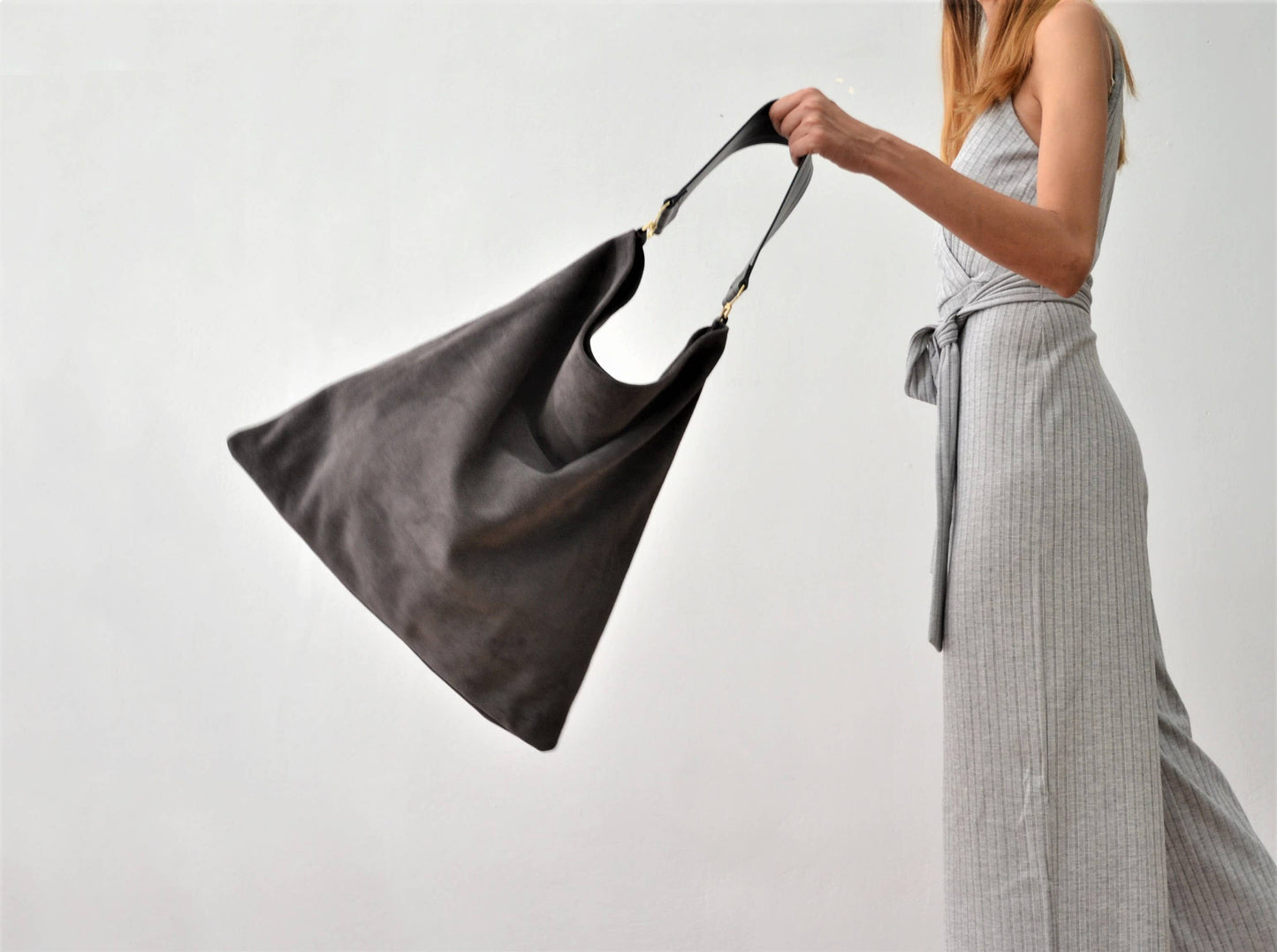 Rectangular Suede Leather Hobo Bag | Dark Gray
