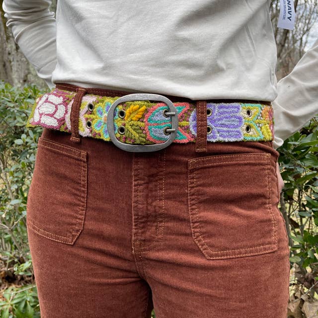 Hand Embroidered Fair Trade Wool Belt | Olive Floral