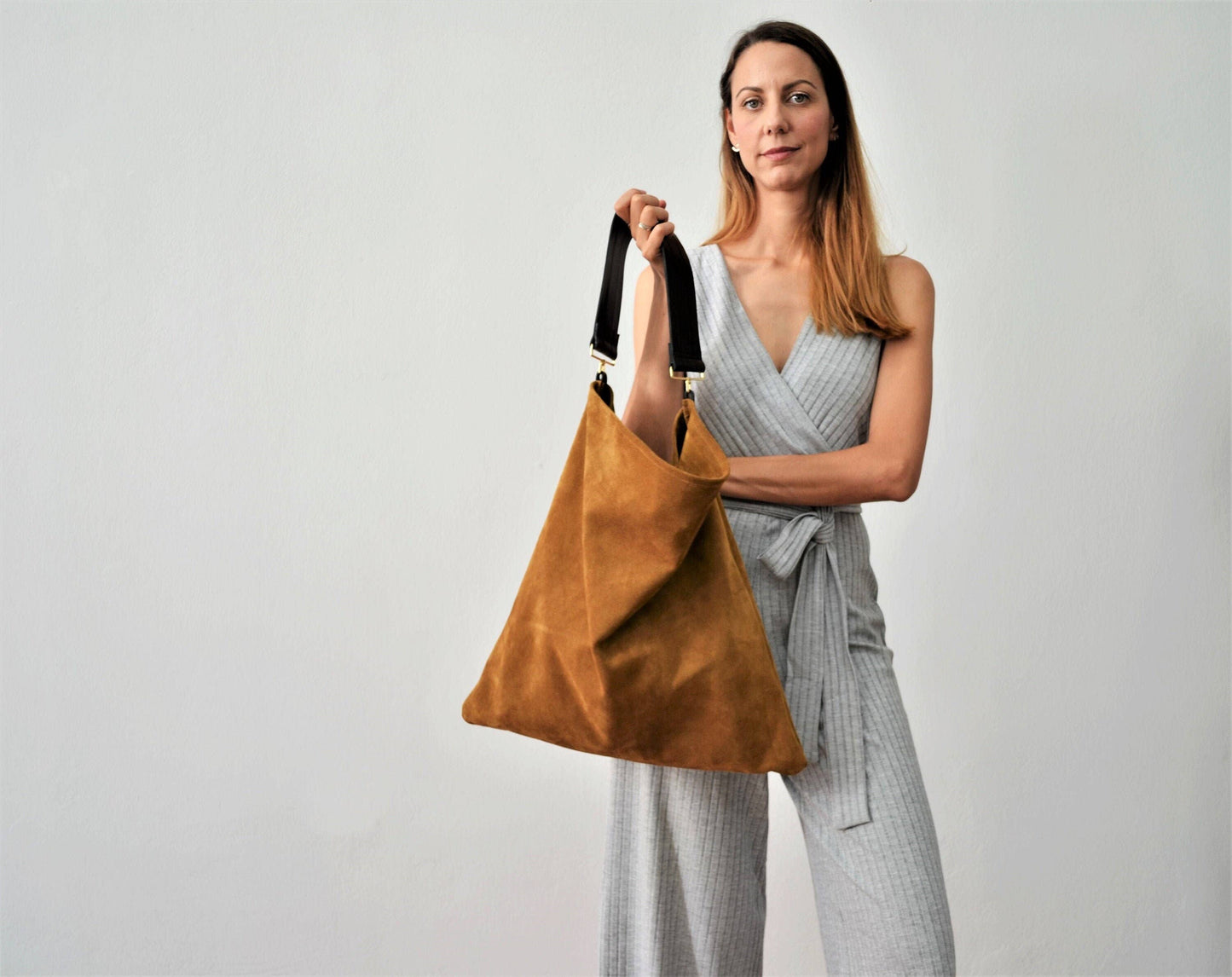 Rectangular Suede Leather Hobo Bag | Caramel