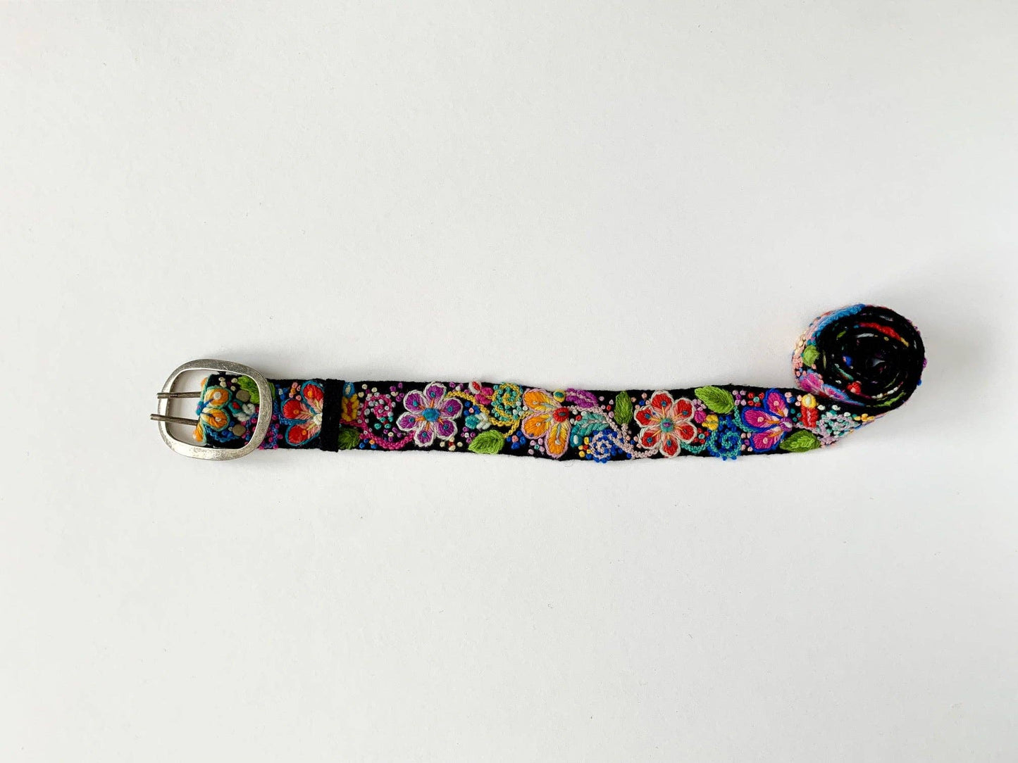 Hand Embroidered Wool Belt | Black Floral