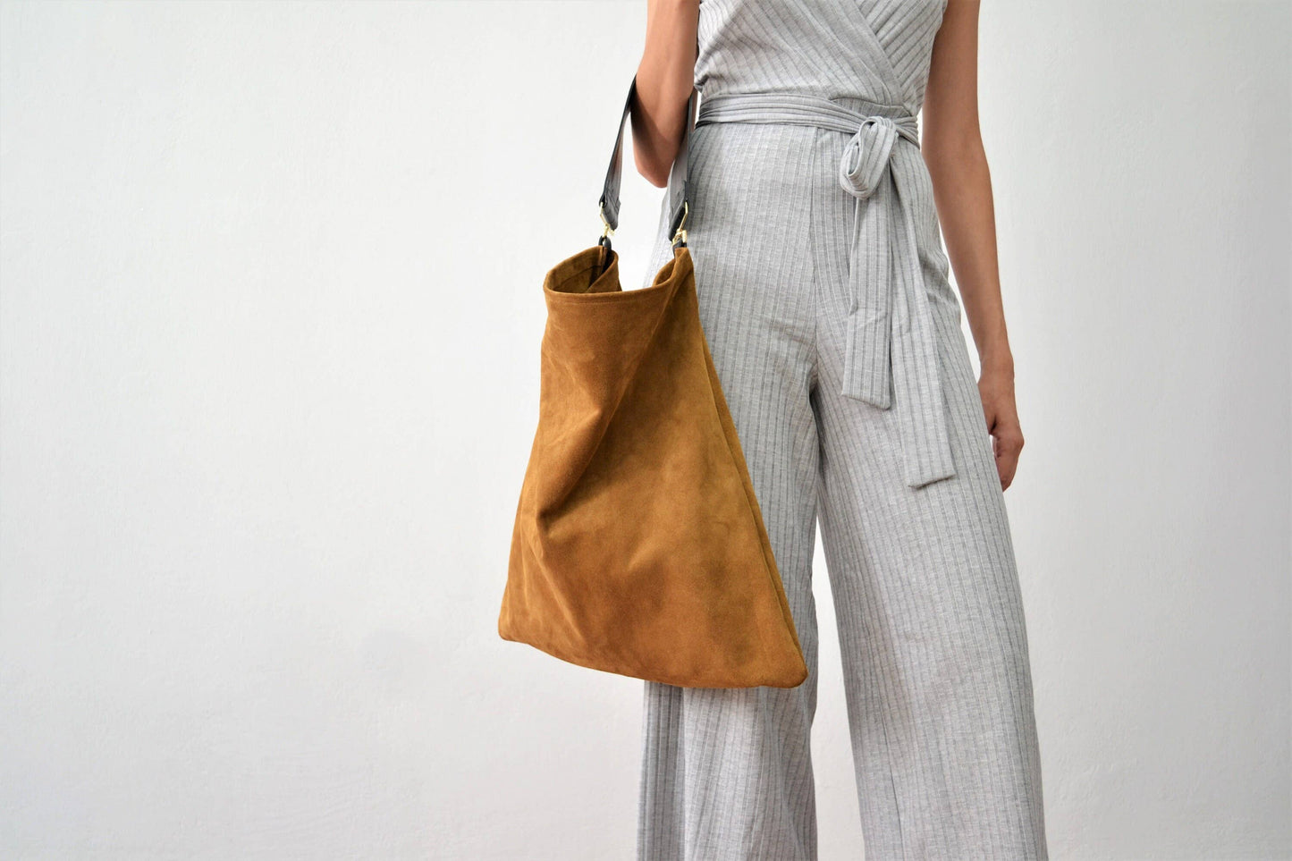 Rectangular Suede Leather Hobo Bag | Caramel