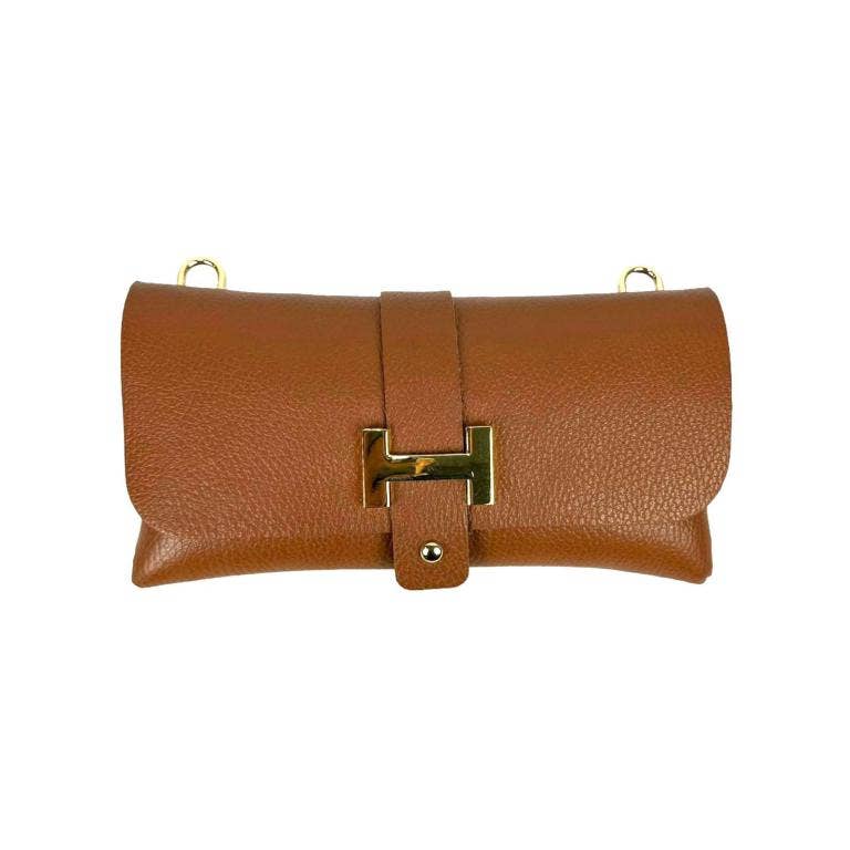 Women's Grain Leather Handbag with Chain Handle and Button Closure
