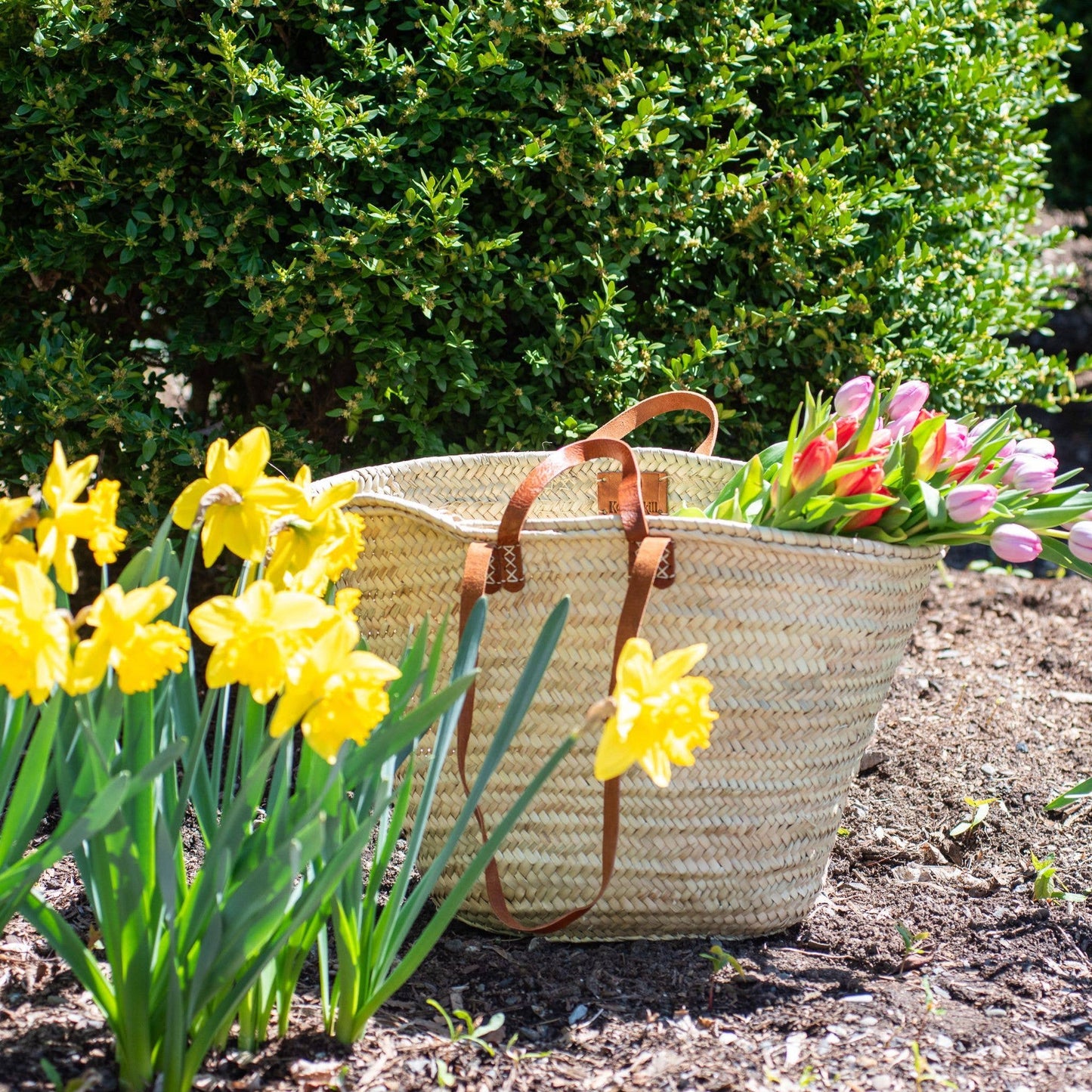 Parisian Hand Woven Market Tote Basket with Leather Handle + Shoulder Straps