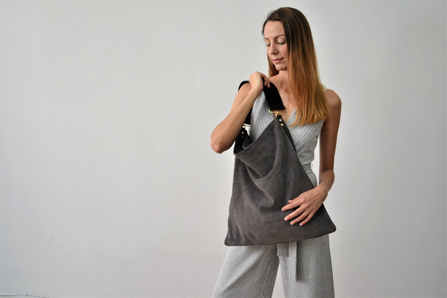 Rectangular Suede Leather Hobo Bag | Dark Gray