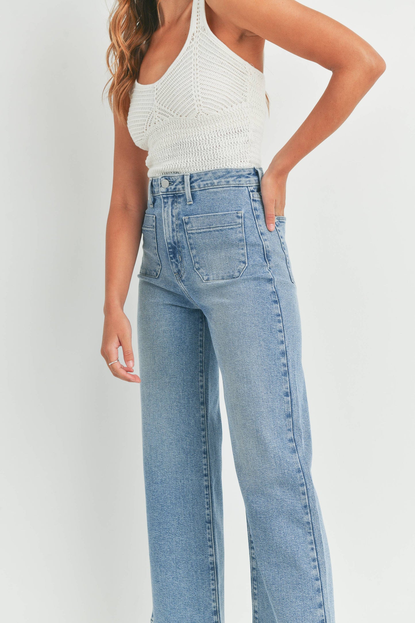 Patch Pocket Wide Leg Denim Jeans