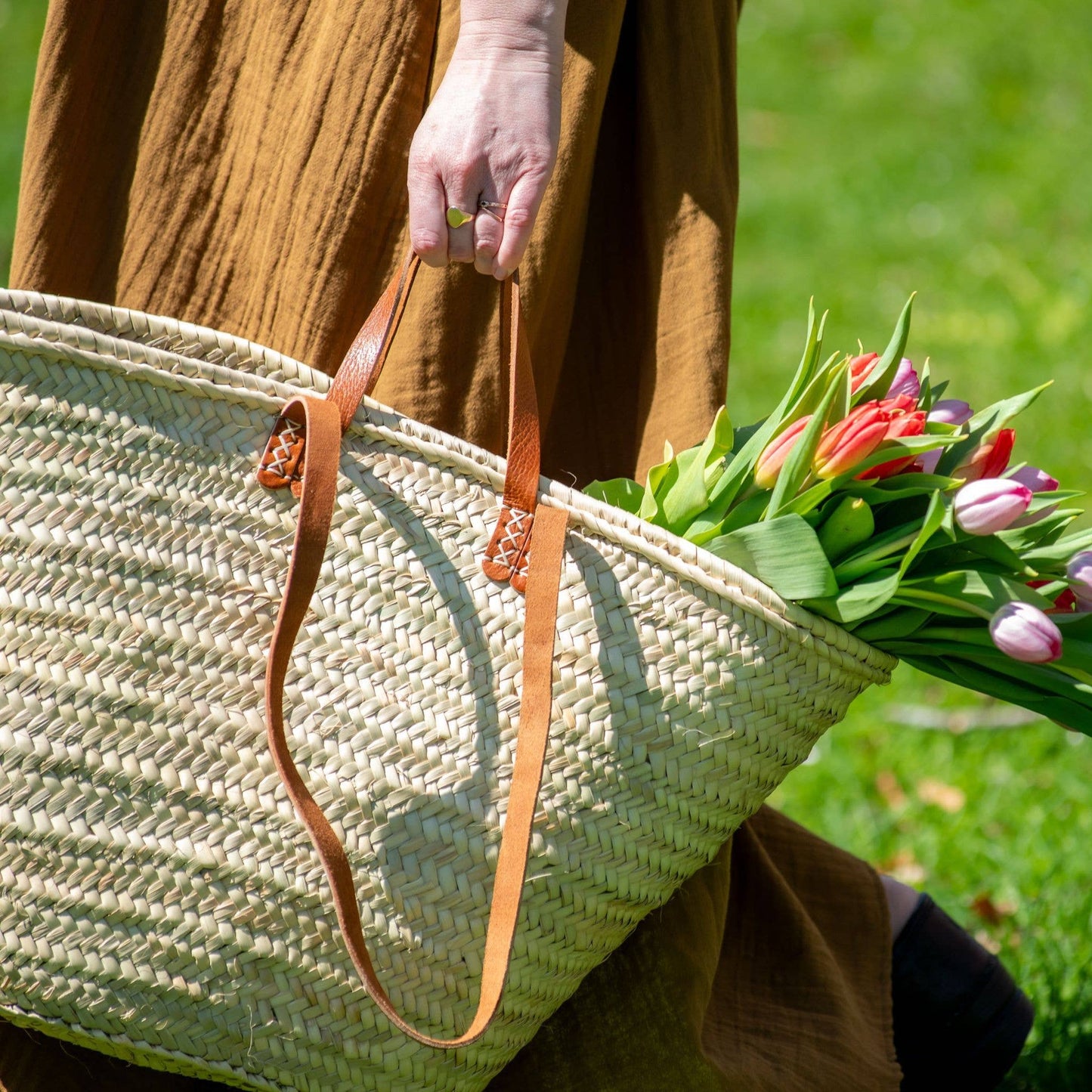 Parisian Hand Woven Market Tote Basket with Leather Handle + Shoulder Straps