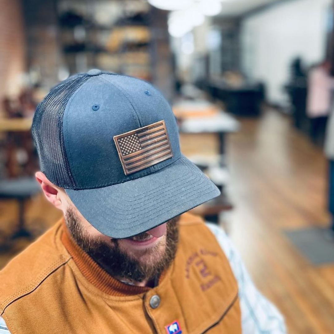 American Flag Hat | Leather Patch Trucker Hat