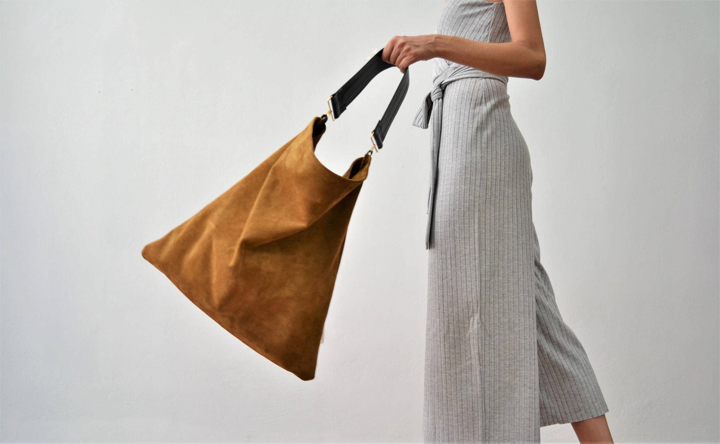 Rectangular Suede Leather Hobo Bag | Caramel