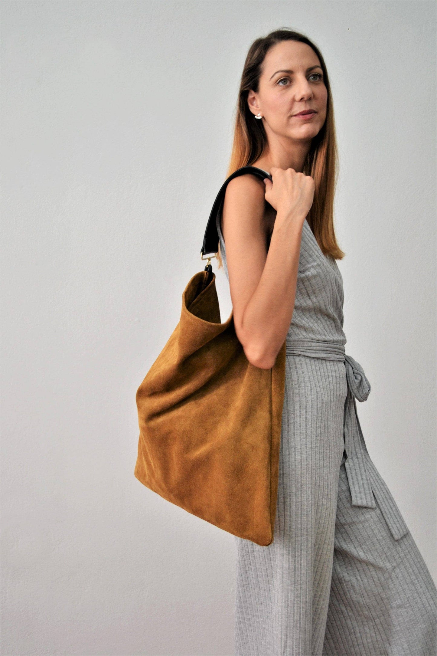 Rectangular Suede Leather Hobo Bag | Caramel