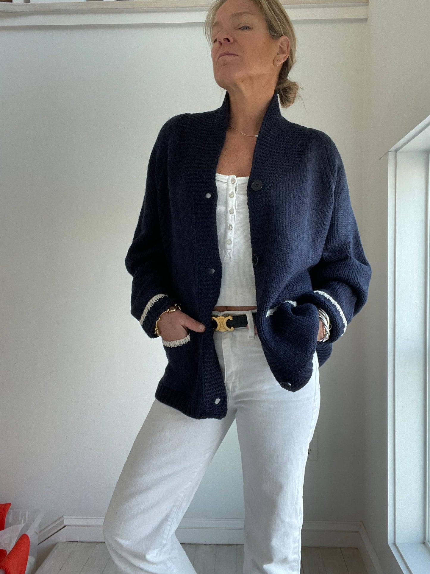 Chunky Rolled Collar Navy & White Anchor Cardigan