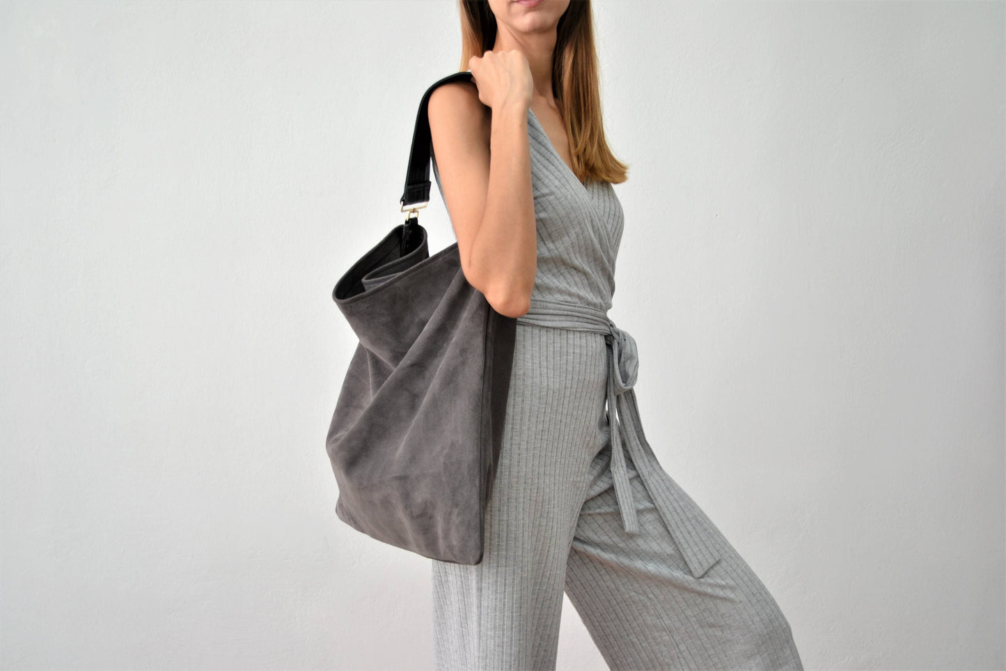 Rectangular Suede Leather Hobo Bag | Dark Gray