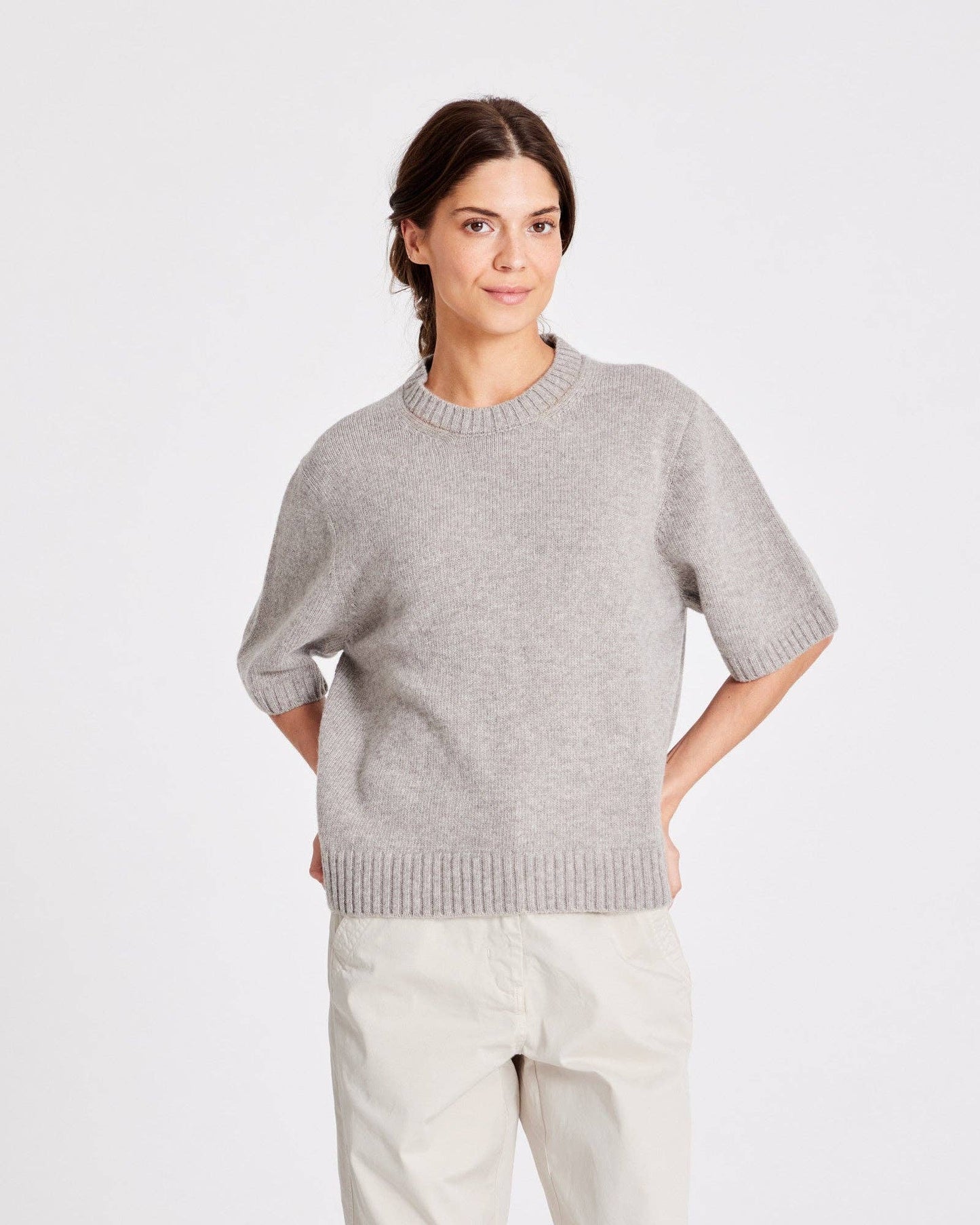 Oversized Lambswool Short Sleeve Sweater | Grey Melange