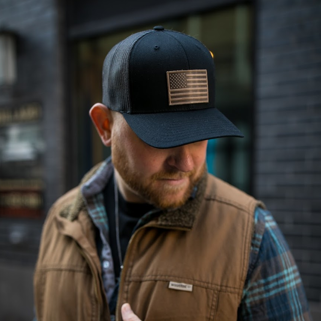 American Flag Hat | Leather Patch Trucker Hat