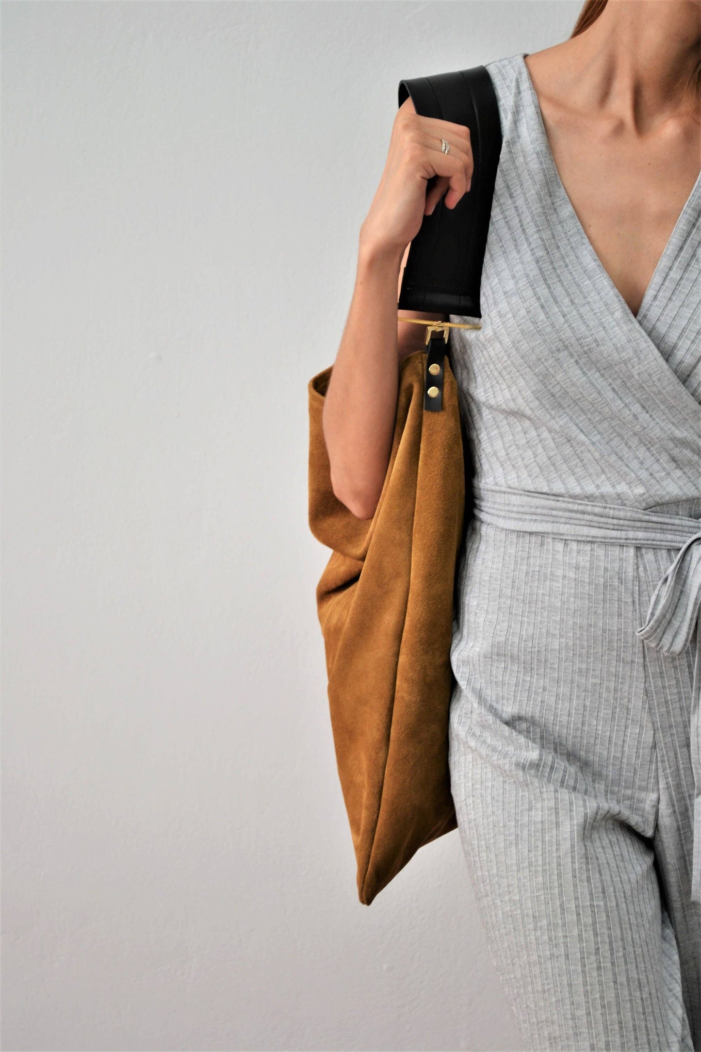 Rectangular Suede Leather Hobo Bag | Caramel