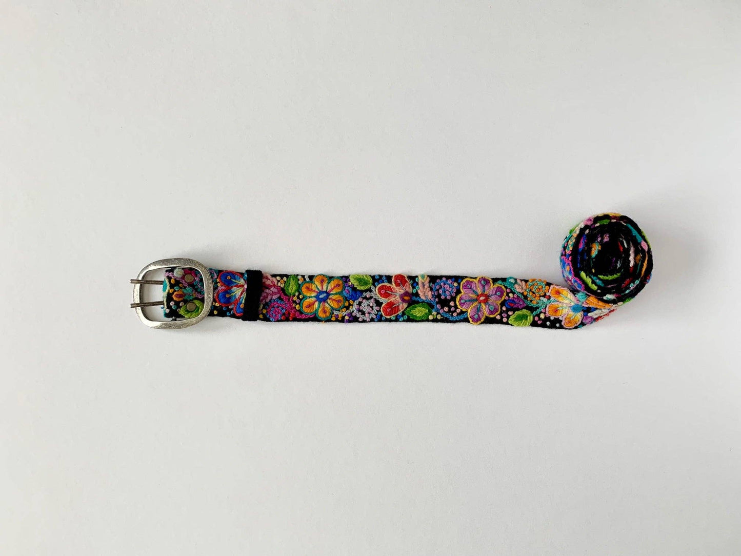 Hand Embroidered Wool Belt | Black Floral