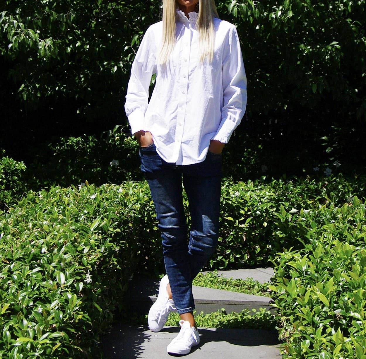 Ruffled Collar + Sleeves White Cotton Poplin Shirt
