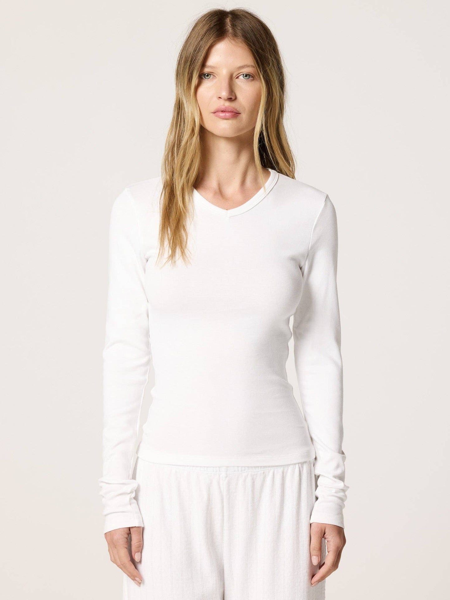 Long Sleeve V-Neck Cotton Fitted T-Shirt