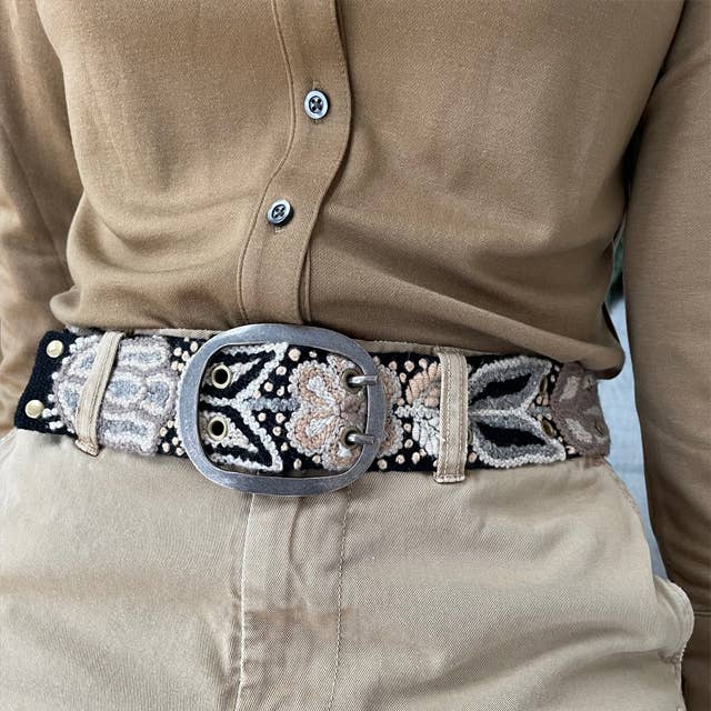 Monochromatic Hand Embroidered Fair Trade Wool Belt | Black + Cream