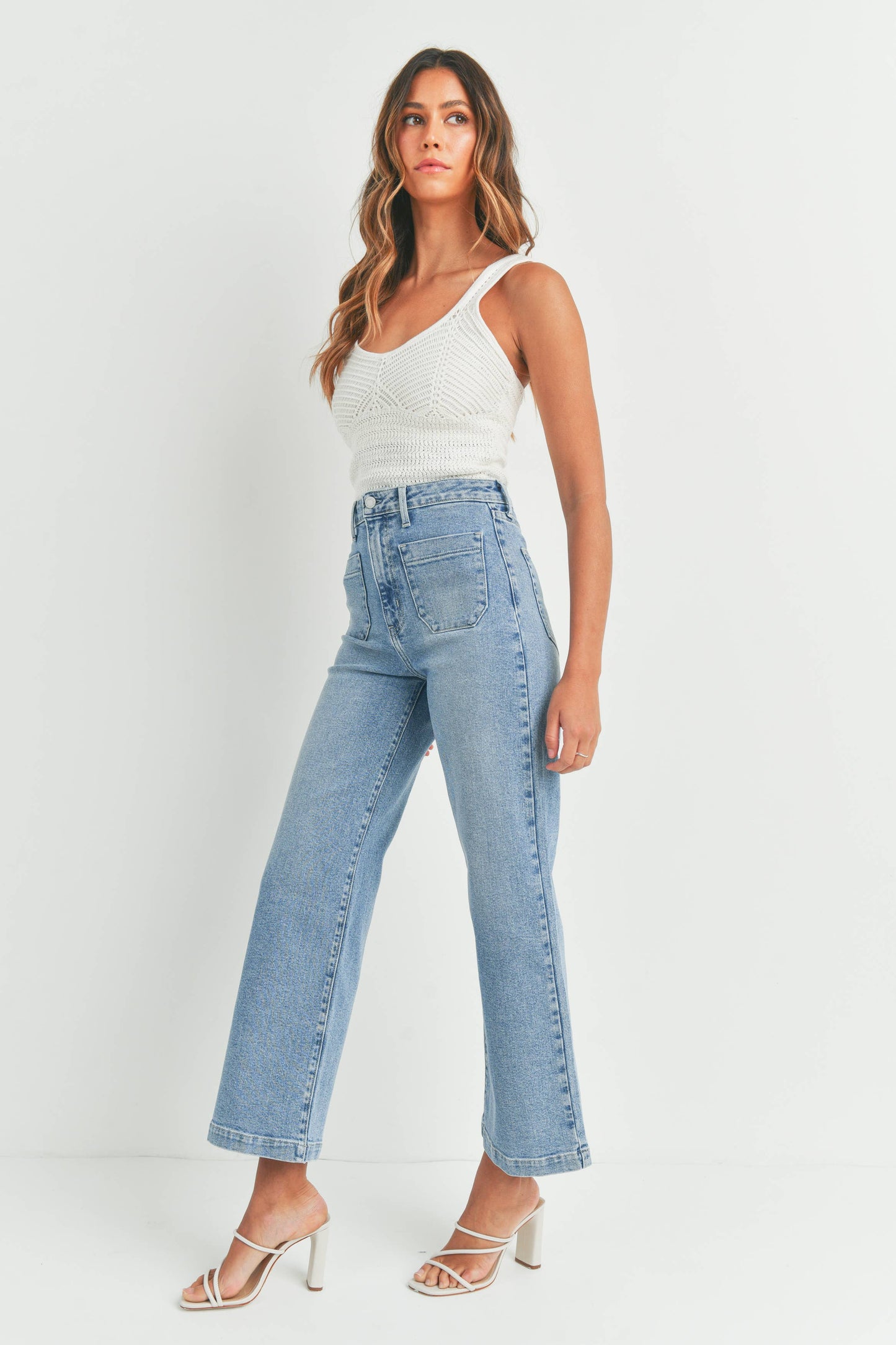 Patch Pocket Wide Leg Denim Jeans