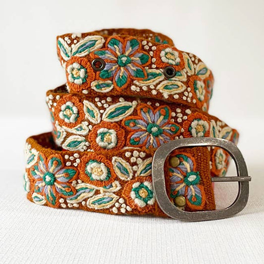 Floral Embroidered Wool Belt | Cinnamon