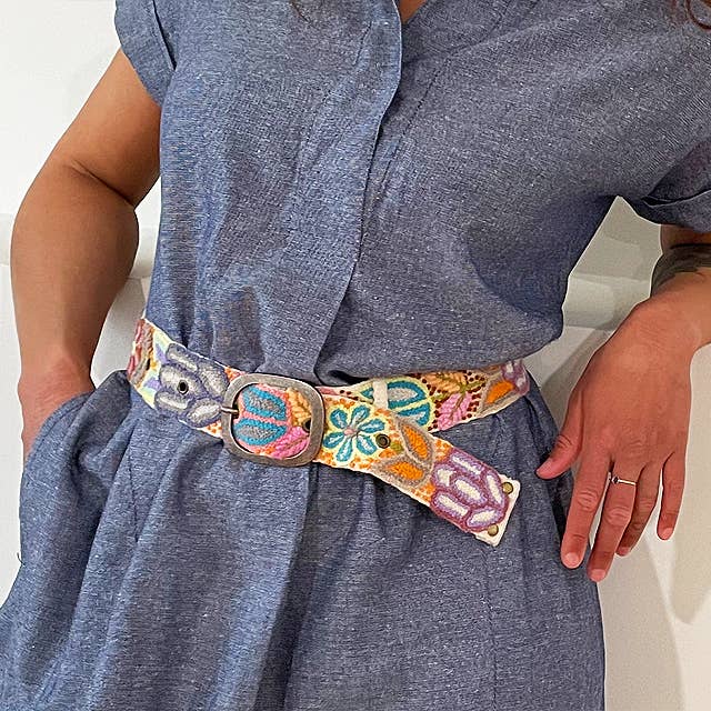 Hand Embroidered Fair Trade Wool Belt | Folklorica Cream Floral