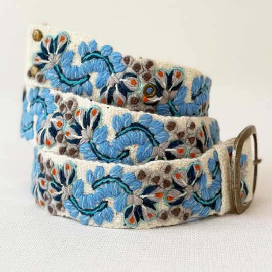 Hand Embroidered Fair Trade Belt | Blue + Cream Floral
