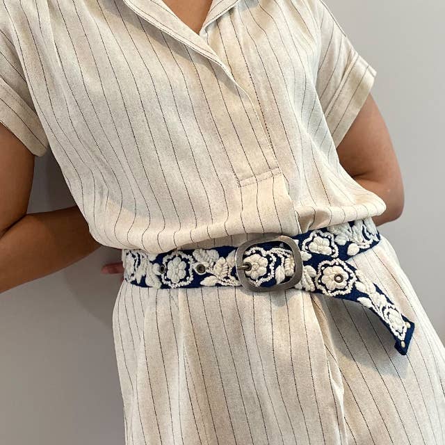 Two-Tone Hand Embroidered Fair Trade Wool Belt | Blue + Cream