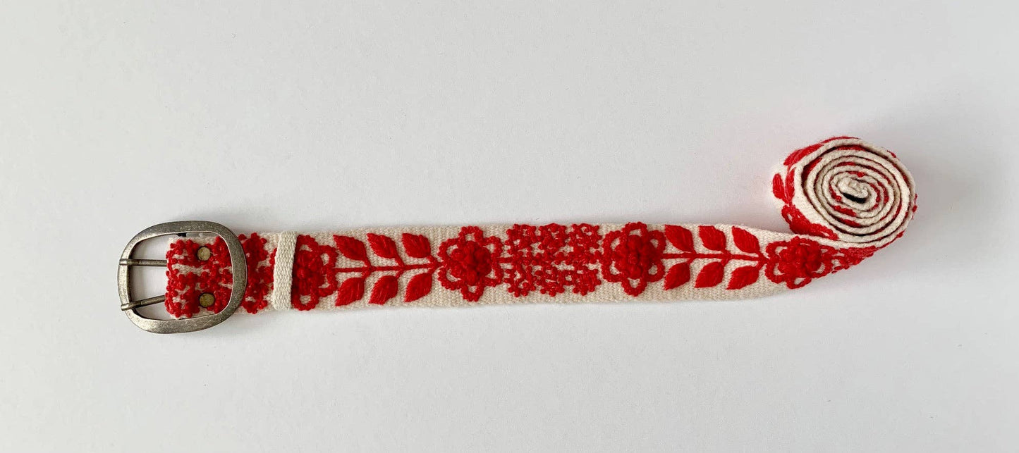 White + Red Hand Embroidered Belt
