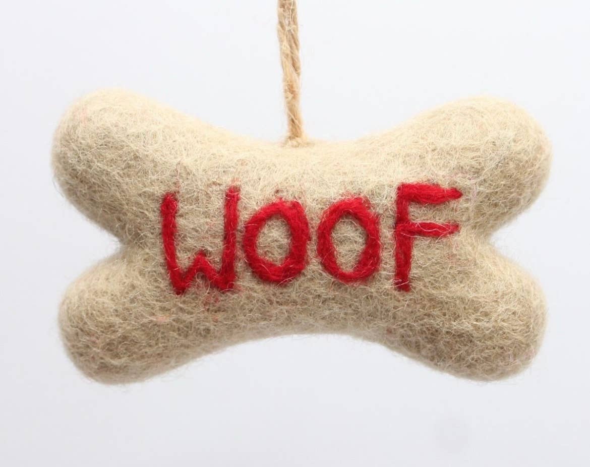 Handmade Felt “Woof” Dog Bone Ornament 