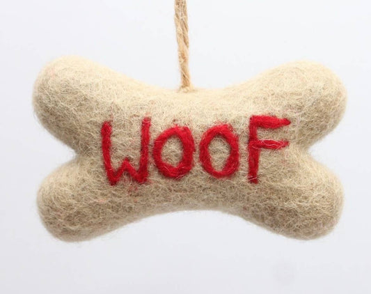 Handmade Felt “Woof” Dog Bone Ornament 