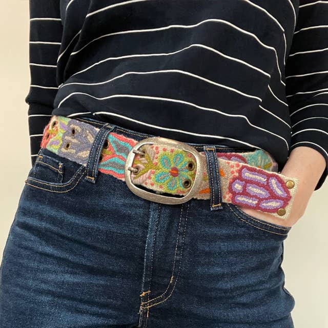 Hand Embroidered Fair Trade Wool Belt | Folklorica Cream Floral