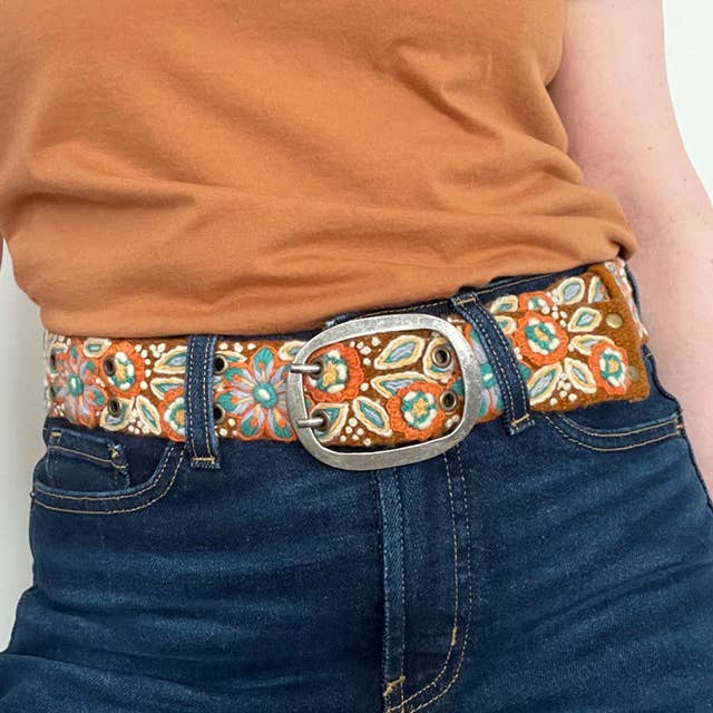 Floral Embroidered Wool Belt | Cinnamon