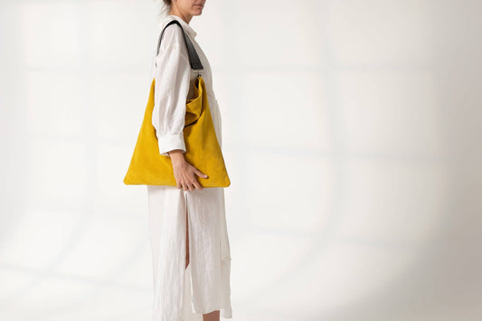 Rectangular Suede Leather Hobo Bag | Yellow