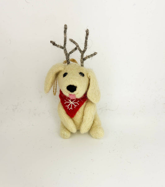 Handmade Felt "Antler Puddles the Happy Dog" ornament