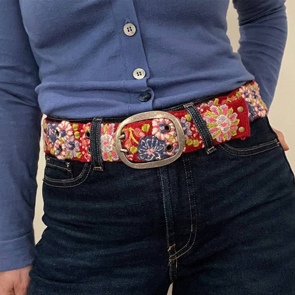 Teaberry Hand Embroidered Fair Trade Wool Belt