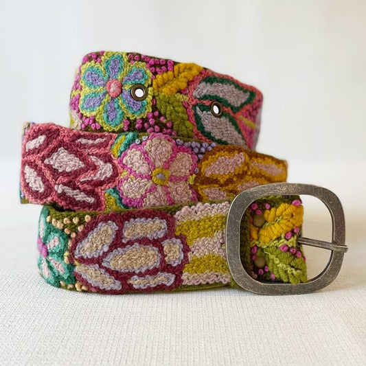 Hand Embroidered Fair Trade Wool Belt | Olive Floral