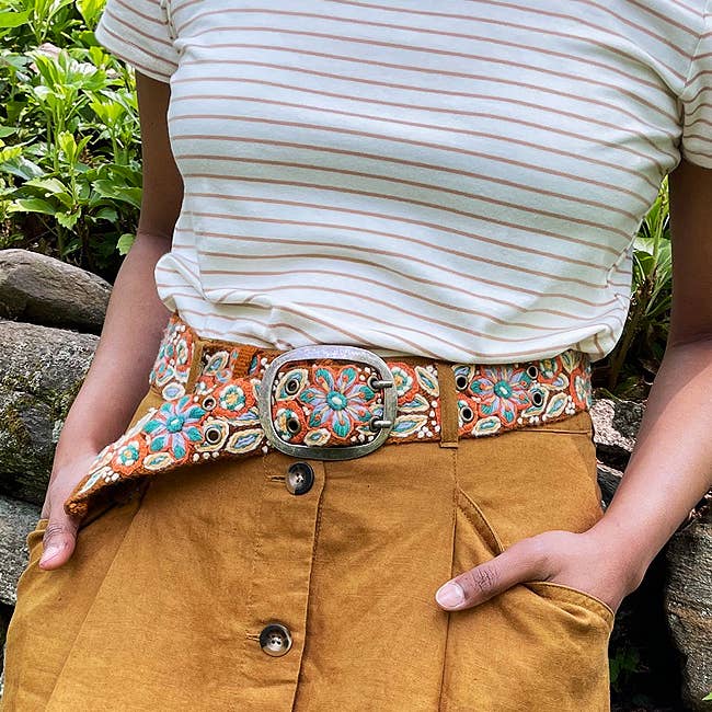 Floral Embroidered Wool Belt | Cinnamon