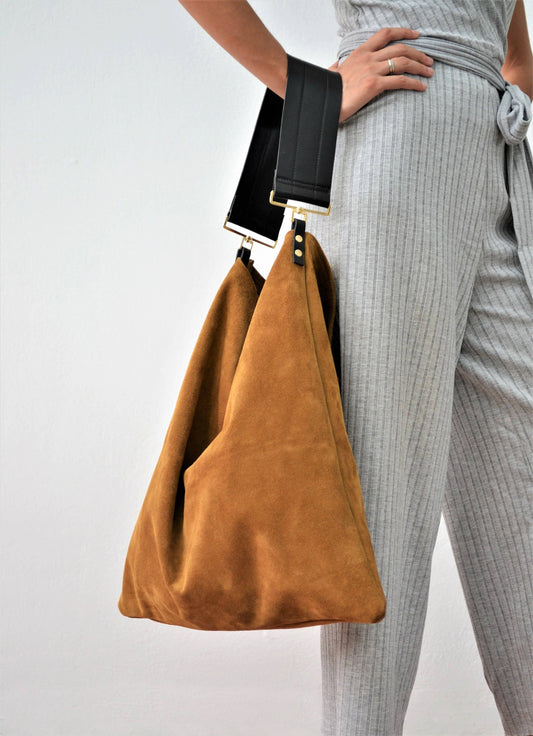 Rectangular Suede Leather Hobo Bag | Caramel