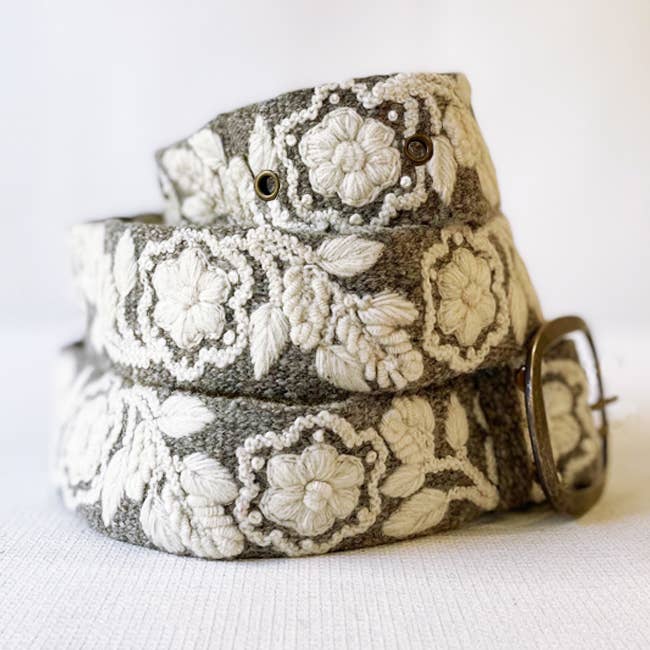 Hand Embroidered Fair Trade Wool Belt | Heather + Cream
