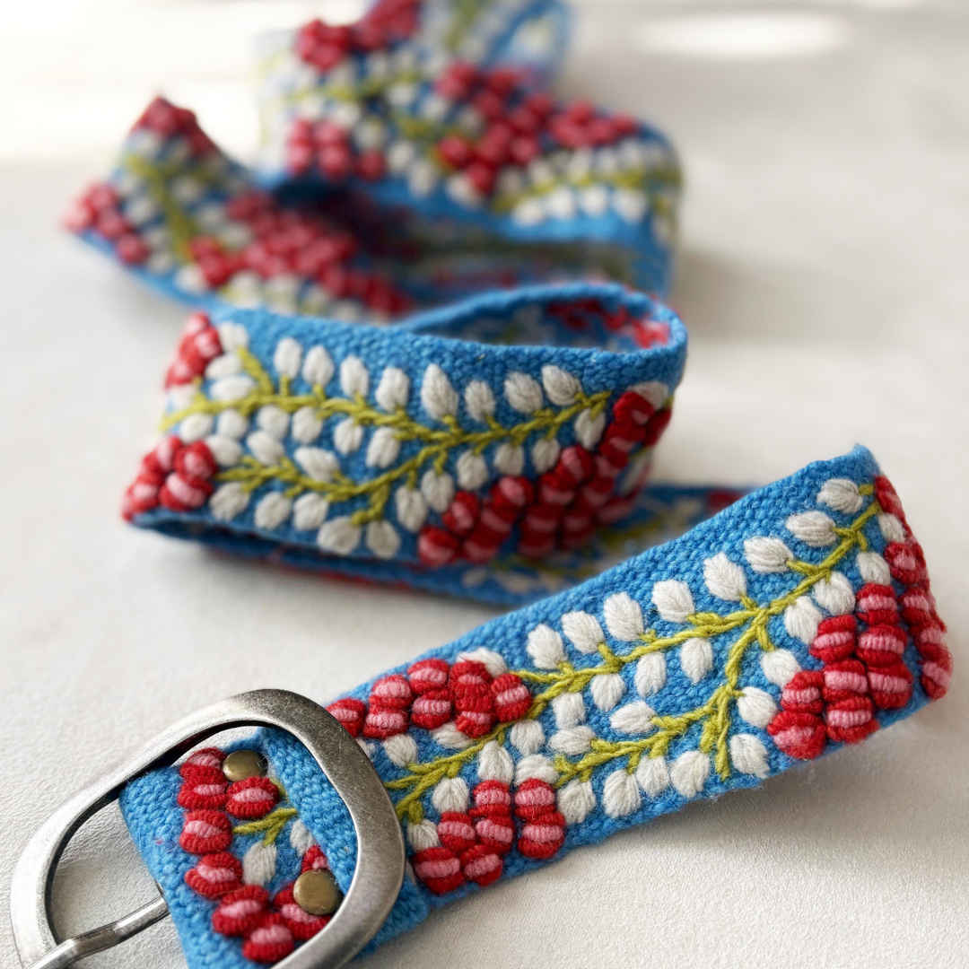 Berries on Vine Hand Embroidered Fair Trade Wool Belt