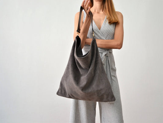 Rectangular Suede Leather Hobo Bag | Dark Gray
