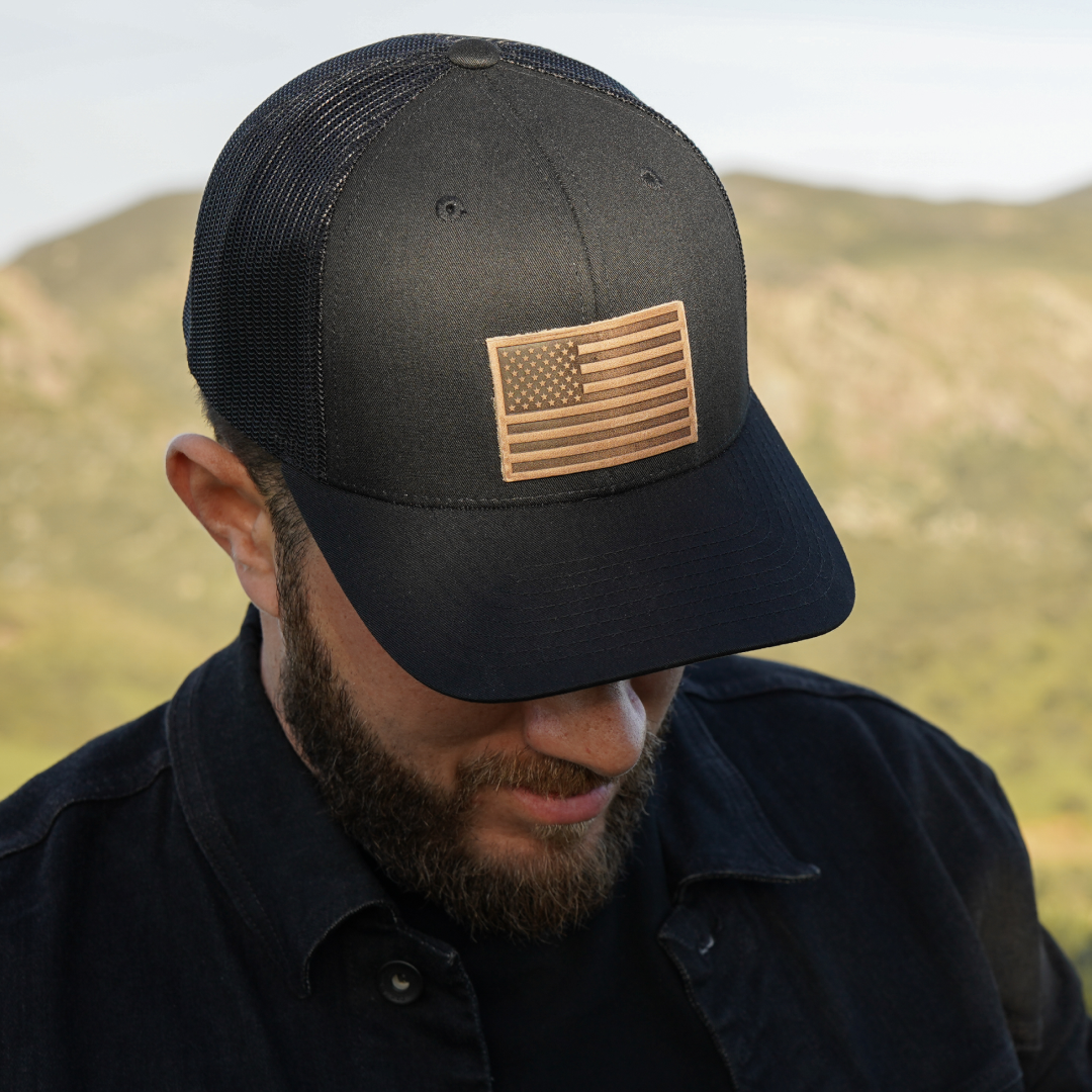 American Flag Hat | Leather Patch Trucker Hat