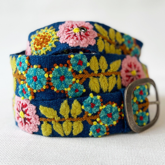 Hand Embroidered Fair Trade Wool Belt | Royal Blue Floral