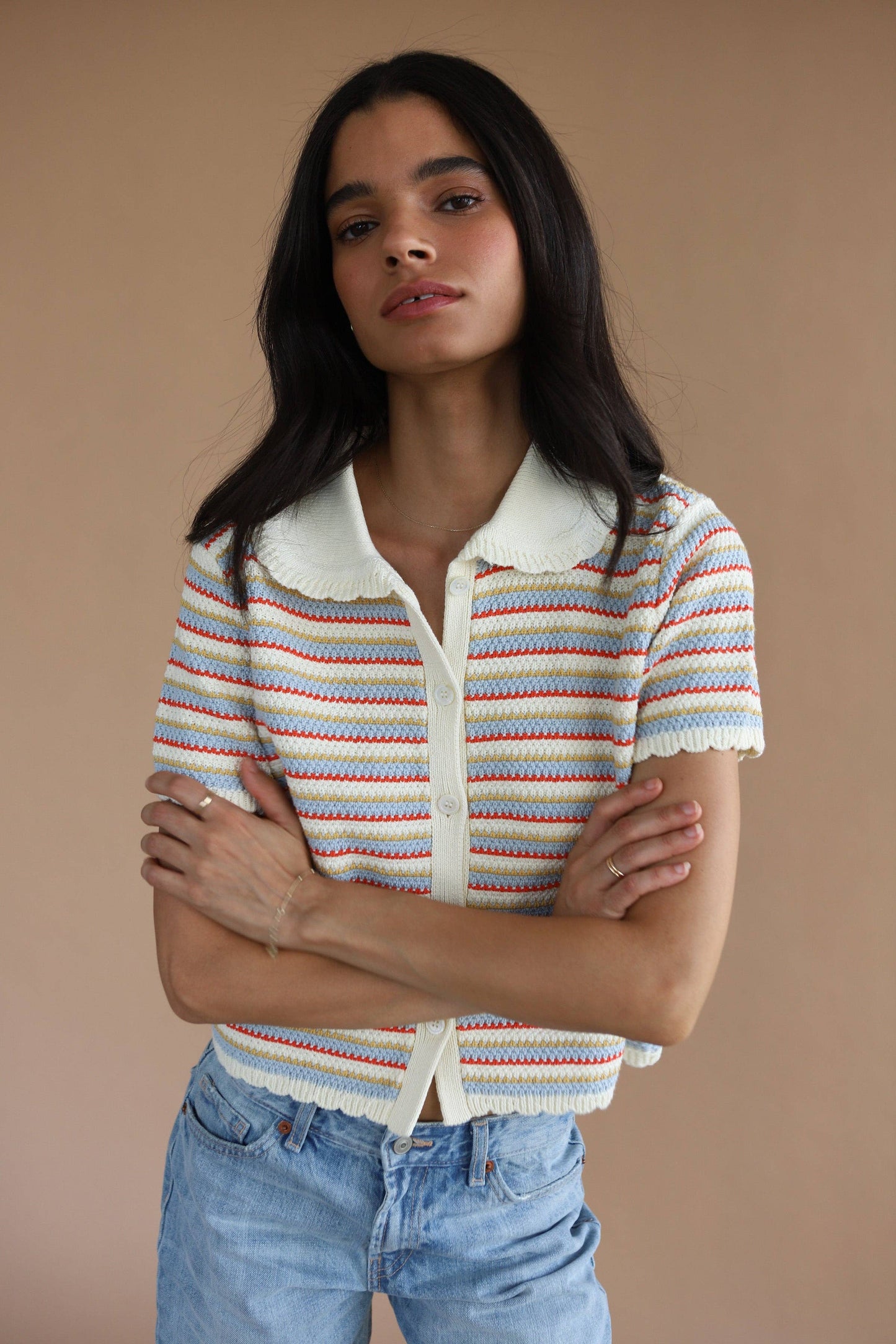 Multi-Color Crochet Polo Sweater