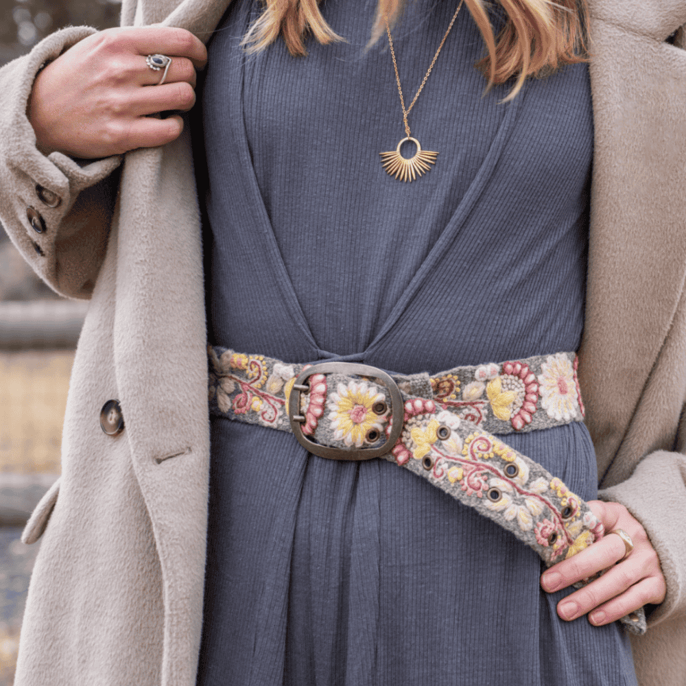 Hand Embroidered Fair Trade Wool Belt | Heather Gray Floral