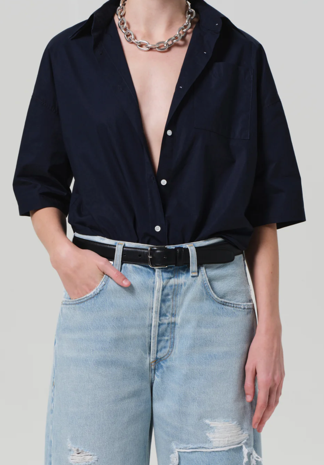 COH Frances Cropped Cape Button Up | Navy