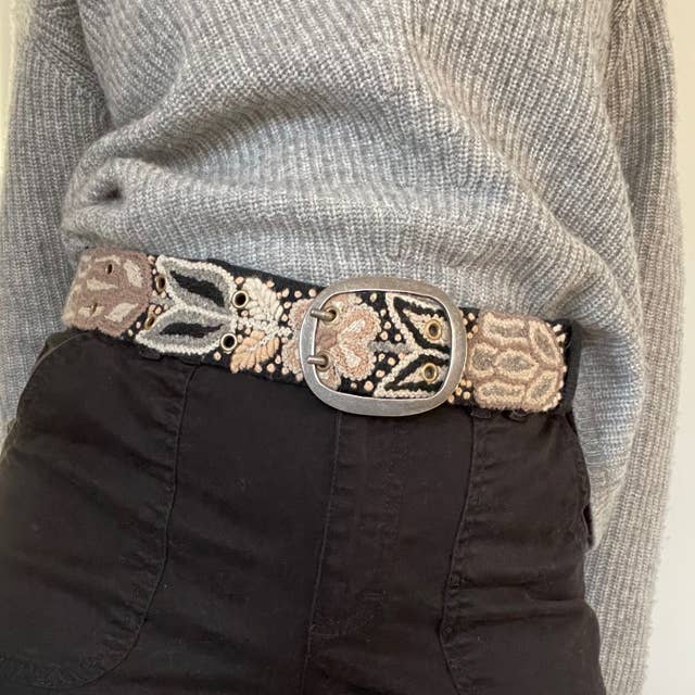 Monochromatic Hand Embroidered Fair Trade Wool Belt | Black + Cream
